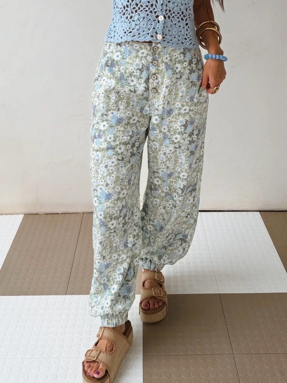 Copper + Cloth x POL Forget-Me-Not Floral Wide Leg Pants Sage Green Blue Size S